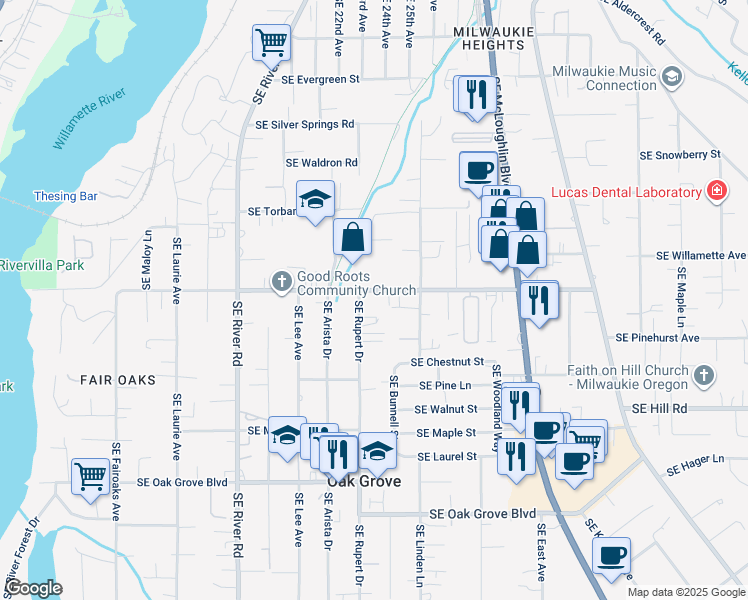 map of restaurants, bars, coffee shops, grocery stores, and more near 2222 Southeast Courtney Road in Oak Grove