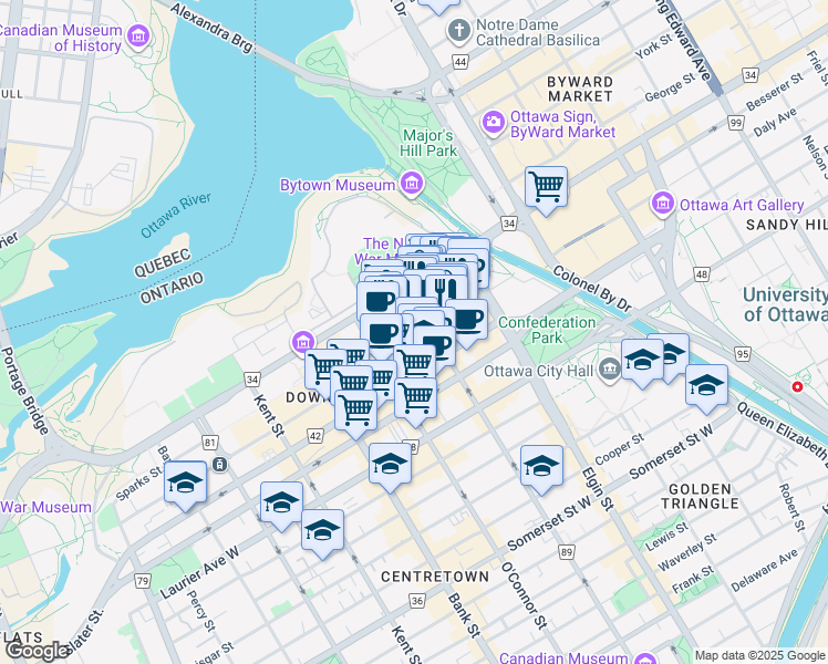 map of restaurants, bars, coffee shops, grocery stores, and more near 2008 Wellington Street in Ottawa