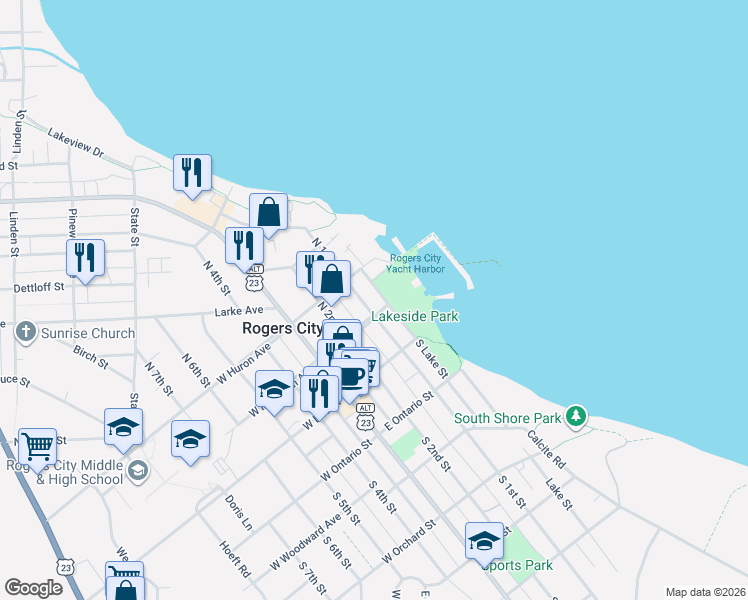 map of restaurants, bars, coffee shops, grocery stores, and more near 200-264 North Lake Street in Rogers City