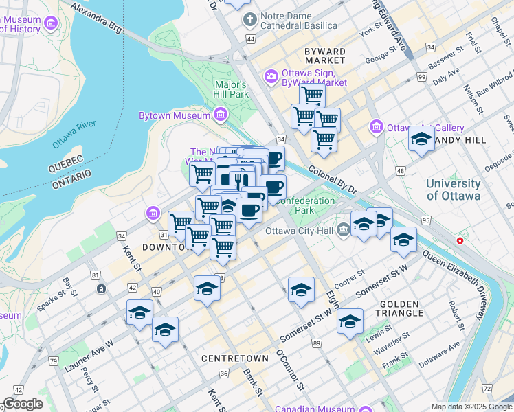 map of restaurants, bars, coffee shops, grocery stores, and more near 46 1/2 Sparks Street in Ottawa