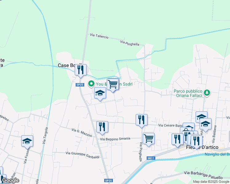 map of restaurants, bars, coffee shops, grocery stores, and more near 3 Quartiere dell'Industria in Fiesso