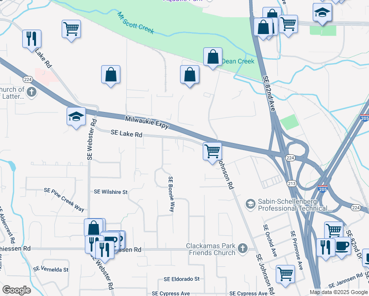 map of restaurants, bars, coffee shops, grocery stores, and more near 7656 Southeast Lake Road in Portland