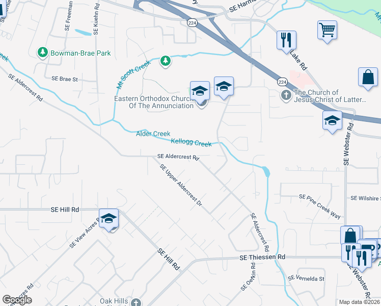 map of restaurants, bars, coffee shops, grocery stores, and more near 5303 Southeast Aldercrest Road in Milwaukie