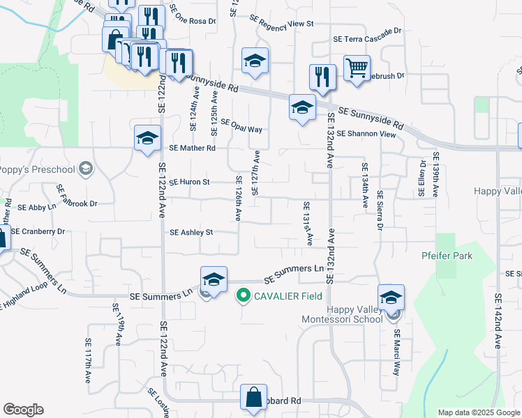 map of restaurants, bars, coffee shops, grocery stores, and more near 12729 Southeast Normandy Drive in Clackamas