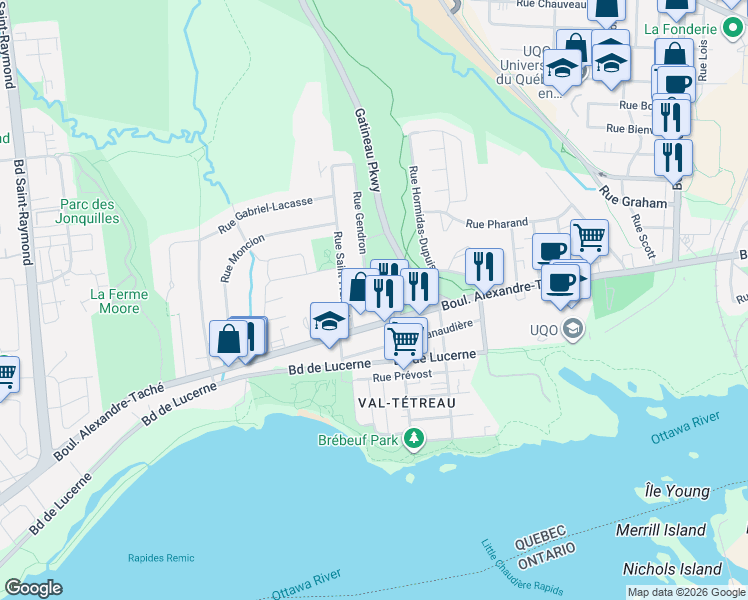 map of restaurants, bars, coffee shops, grocery stores, and more near 402 Boulevard Alexandre-Taché in Gatineau