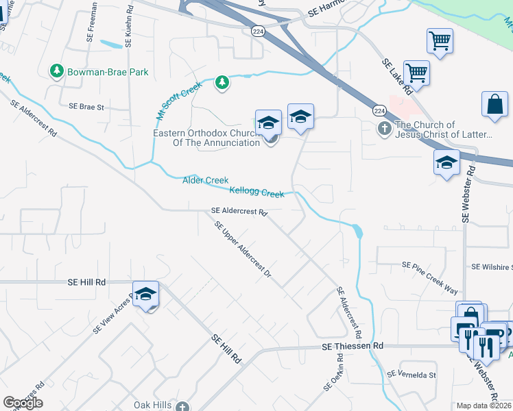 map of restaurants, bars, coffee shops, grocery stores, and more near 5303 Southeast Aldercrest Road in Milwaukie