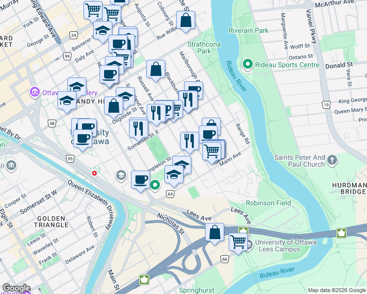 map of restaurants, bars, coffee shops, grocery stores, and more near 203 Russell Avenue in Ottawa