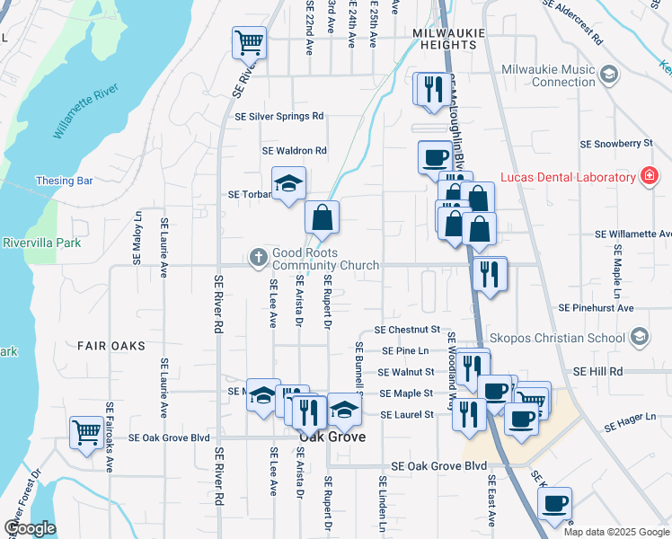 map of restaurants, bars, coffee shops, grocery stores, and more near 2309 Southeast Courtney Avenue in Portland