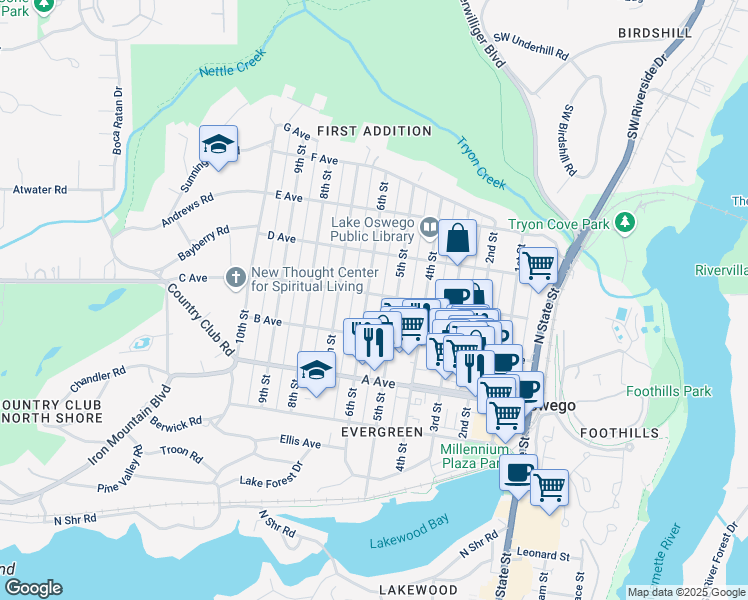 map of restaurants, bars, coffee shops, grocery stores, and more near 608 6th Street in Lake Oswego