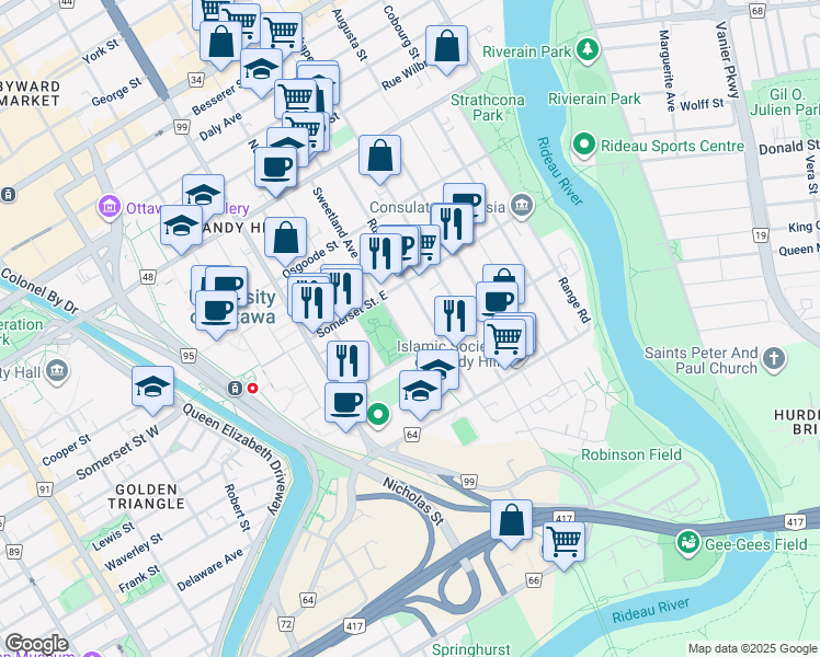 map of restaurants, bars, coffee shops, grocery stores, and more near in Ottawa
