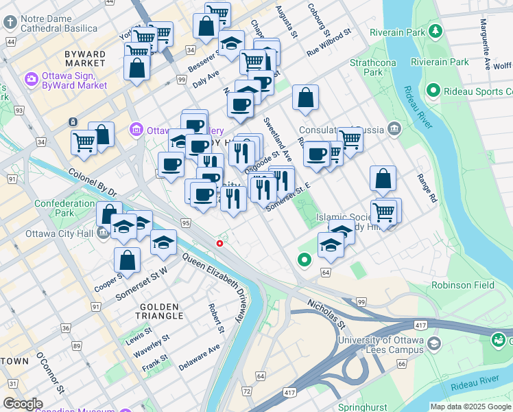 map of restaurants, bars, coffee shops, grocery stores, and more near 700 King Edward Ave in Ottawa