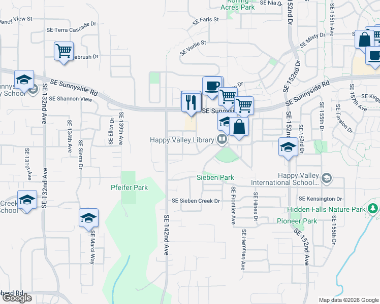map of restaurants, bars, coffee shops, grocery stores, and more near 14447 Southeast Oregon Trail Drive in Clackamas County