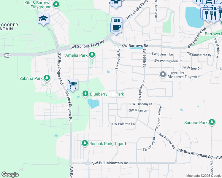map of restaurants, bars, coffee shops, grocery stores, and more near 16365 Southwest Hoops Court in Tigard