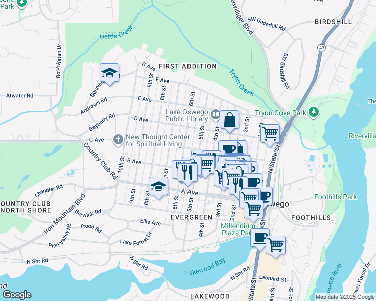 map of restaurants, bars, coffee shops, grocery stores, and more near 608 6th Street in Lake Oswego