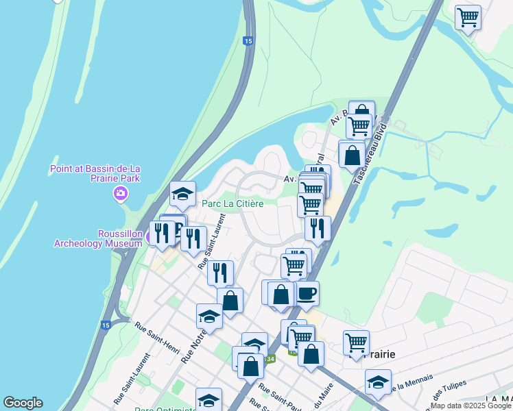 map of restaurants, bars, coffee shops, grocery stores, and more near 65 Rue Beauséjour in La Prairie