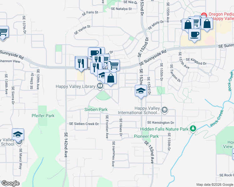 map of restaurants, bars, coffee shops, grocery stores, and more near 14863 Southeast Oregon Trail Drive in Clackamas