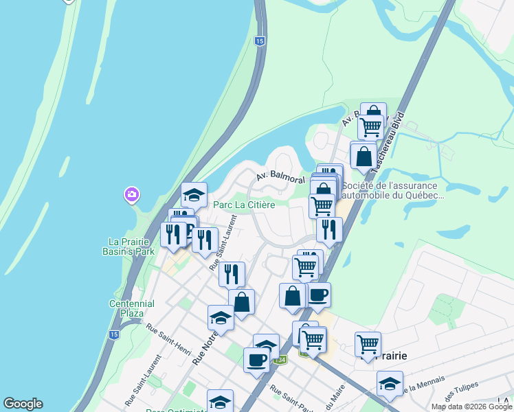map of restaurants, bars, coffee shops, grocery stores, and more near 105 Rue Beauséjour in La Prairie