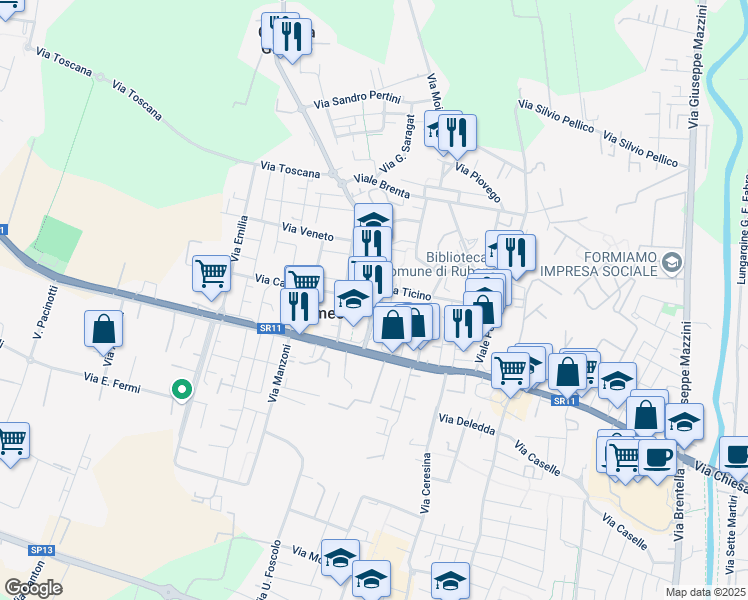 map of restaurants, bars, coffee shops, grocery stores, and more near 9 Via Carlo Borromeo in Sarmeola