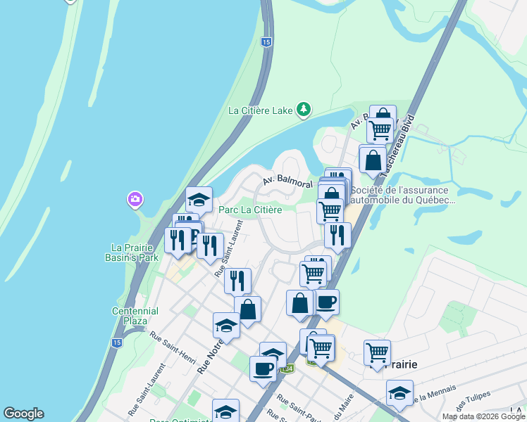 map of restaurants, bars, coffee shops, grocery stores, and more near 105 Rue Beauséjour in La Prairie