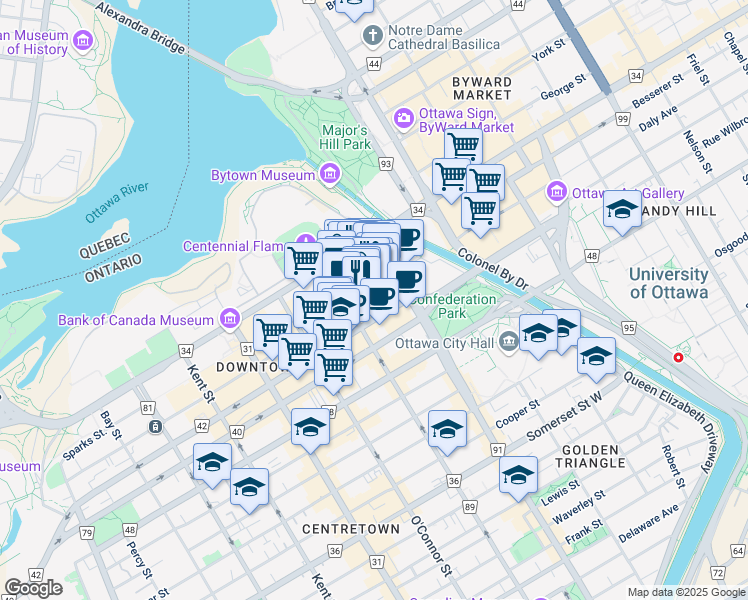 map of restaurants, bars, coffee shops, grocery stores, and more near 46 1/2 Sparks Street in Ottawa