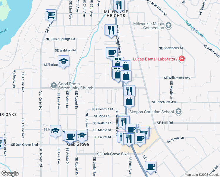 map of restaurants, bars, coffee shops, grocery stores, and more near 2705 Courtney Road in Milwaukie