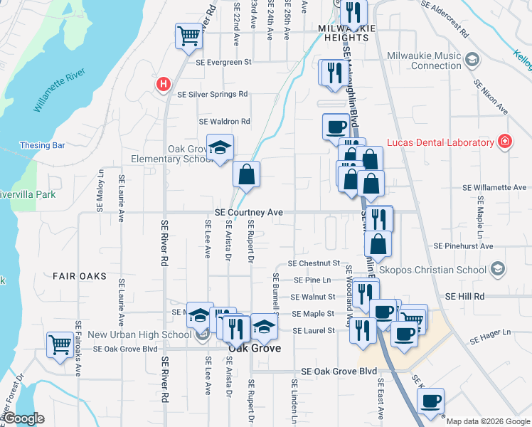 map of restaurants, bars, coffee shops, grocery stores, and more near 2309 Southeast Courtney Avenue in Portland