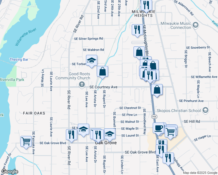 map of restaurants, bars, coffee shops, grocery stores, and more near 2309 Southeast Courtney Avenue in Portland