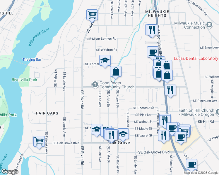 map of restaurants, bars, coffee shops, grocery stores, and more near 2009 Southeast Courtney Avenue in Milwaukie
