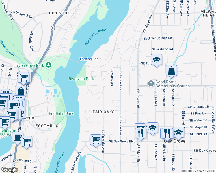 map of restaurants, bars, coffee shops, grocery stores, and more near 13797 Southeast Bluff Road in Milwaukie