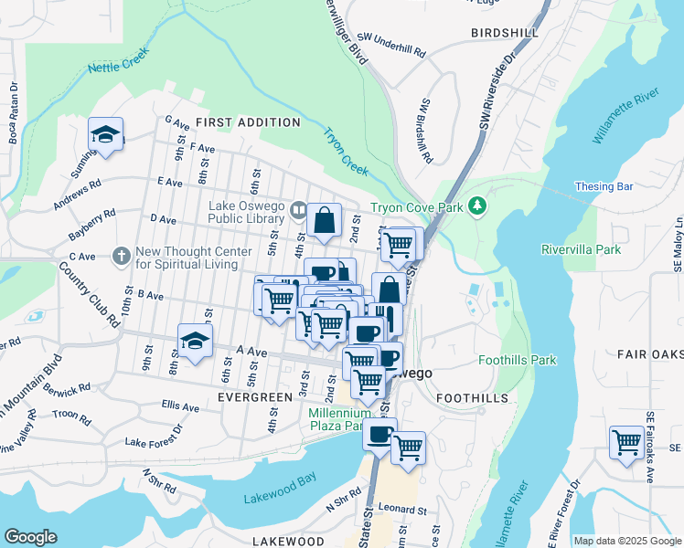 map of restaurants, bars, coffee shops, grocery stores, and more near 667 3rd Street in Lake Oswego