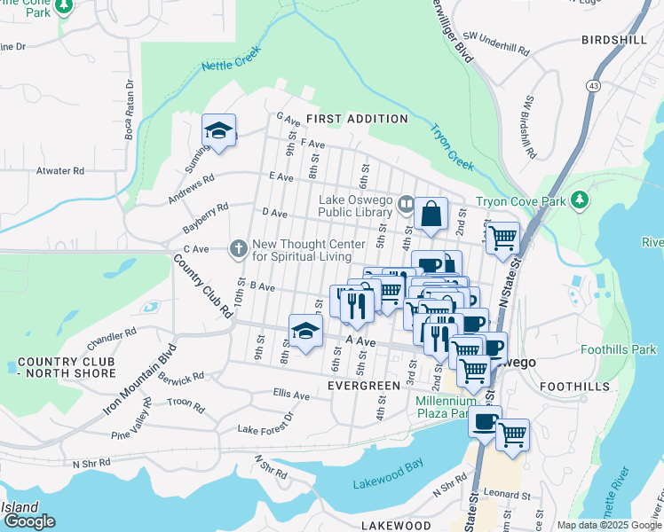 map of restaurants, bars, coffee shops, grocery stores, and more near 610 7th Street in Lake Oswego