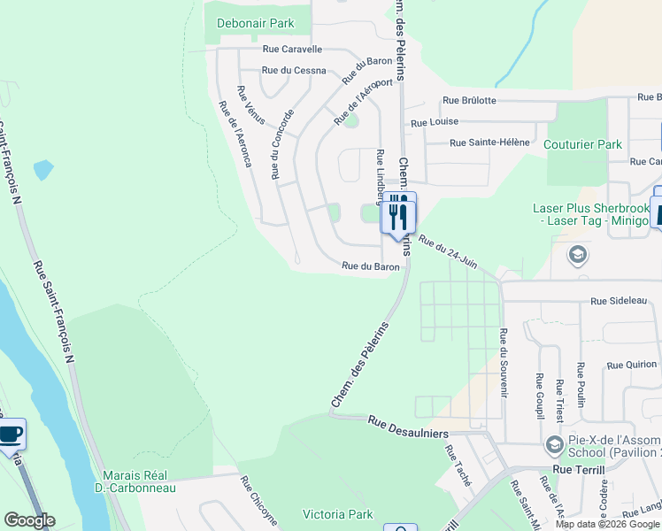 map of restaurants, bars, coffee shops, grocery stores, and more near 1125 Rue du Baron in Sherbrooke