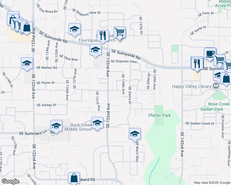 map of restaurants, bars, coffee shops, grocery stores, and more near 13296 Southeast Normandy Drive in Clackamas