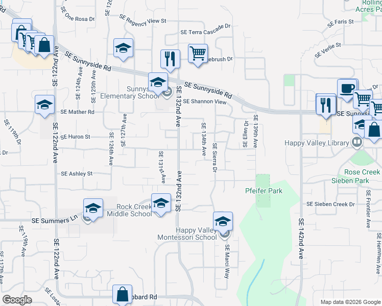 map of restaurants, bars, coffee shops, grocery stores, and more near 13296 Southeast Normandy Drive in Clackamas