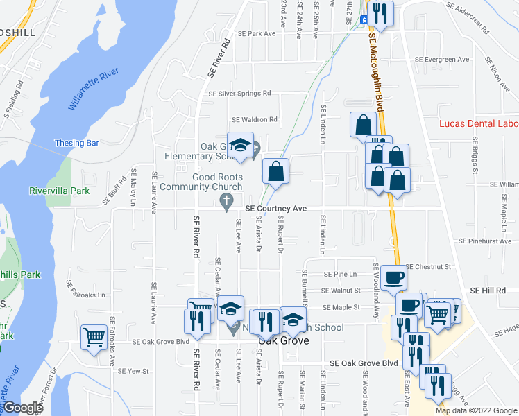 map of restaurants, bars, coffee shops, grocery stores, and more near 2079 Southeast Courtney Road in Oak Grove