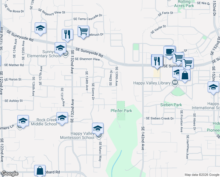 map of restaurants, bars, coffee shops, grocery stores, and more near 13667 Southeast Gannon Drive in Clackamas