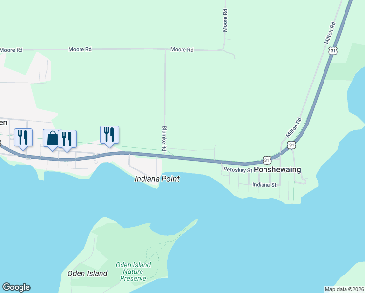 map of restaurants, bars, coffee shops, grocery stores, and more near 8843 Blumke Road in Alanson