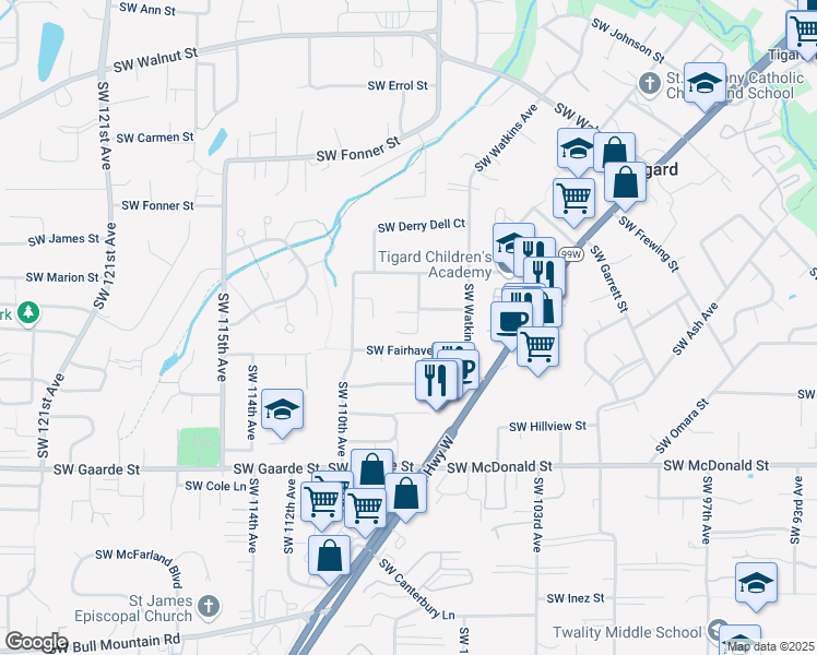 map of restaurants, bars, coffee shops, grocery stores, and more near 13405 Southwest 107th Avenue in Tigard
