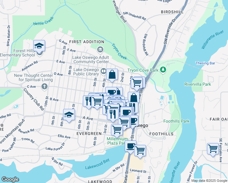 map of restaurants, bars, coffee shops, grocery stores, and more near 637 3rd Street in Lake Oswego