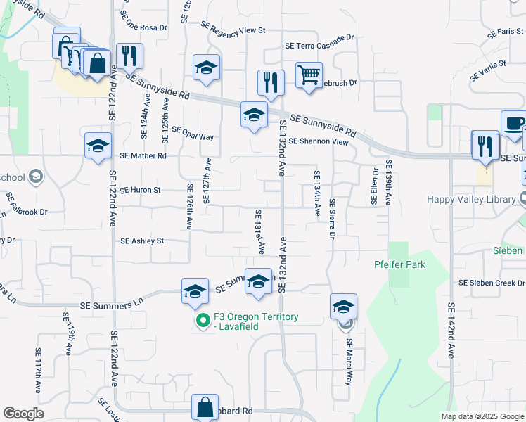 map of restaurants, bars, coffee shops, grocery stores, and more near 13840 Southeast 131st Avenue in Clackamas
