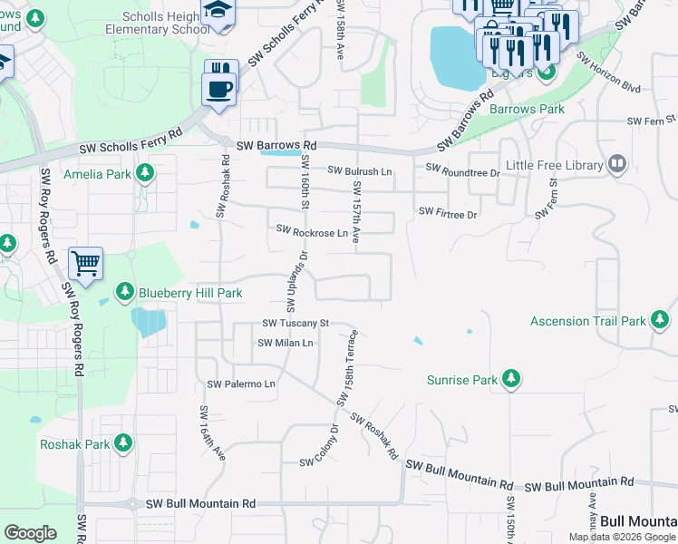 map of restaurants, bars, coffee shops, grocery stores, and more near 15917 Southwest Sundew Drive in Portland