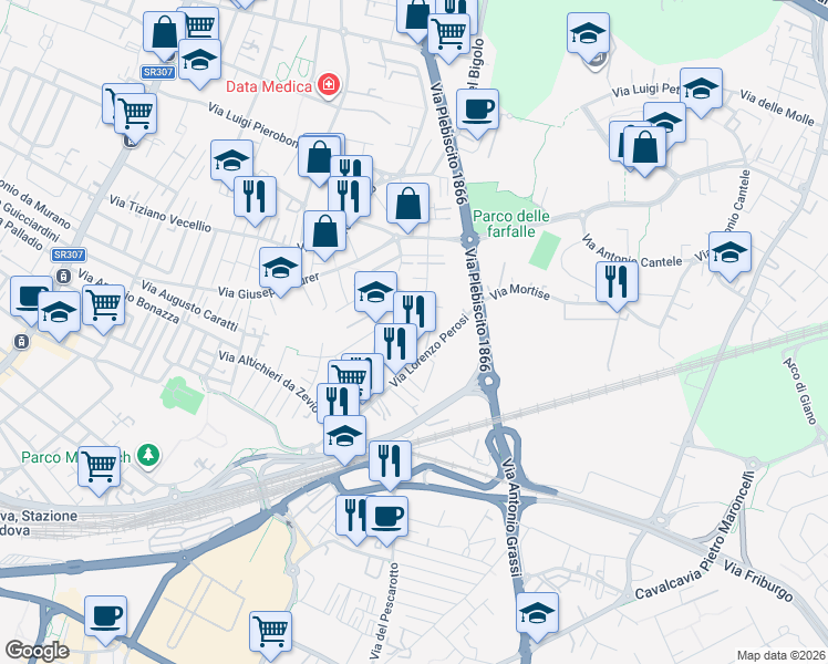 map of restaurants, bars, coffee shops, grocery stores, and more near 7 Via Federico Chopin in Padova