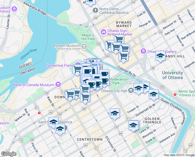 map of restaurants, bars, coffee shops, grocery stores, and more near 60 Queen Street in Ottawa