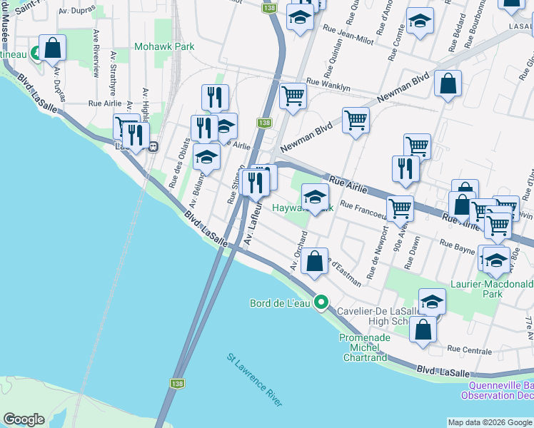 map of restaurants, bars, coffee shops, grocery stores, and more near 98 Rue Centrale in Montréal