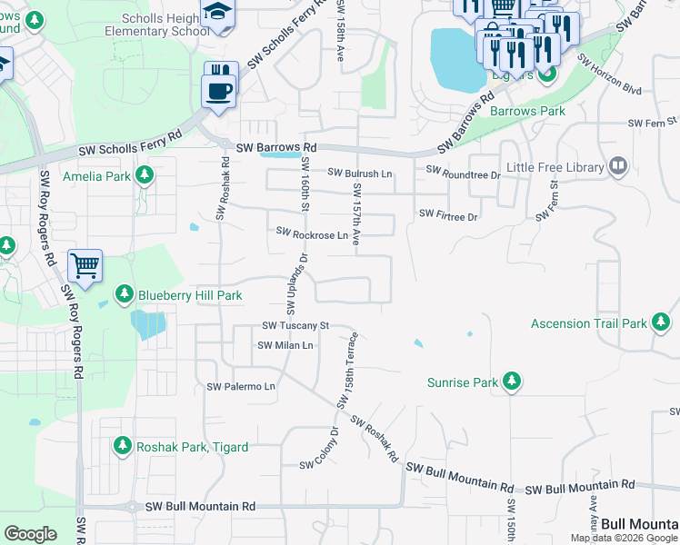 map of restaurants, bars, coffee shops, grocery stores, and more near 15917 Southwest Sundew Drive in Portland