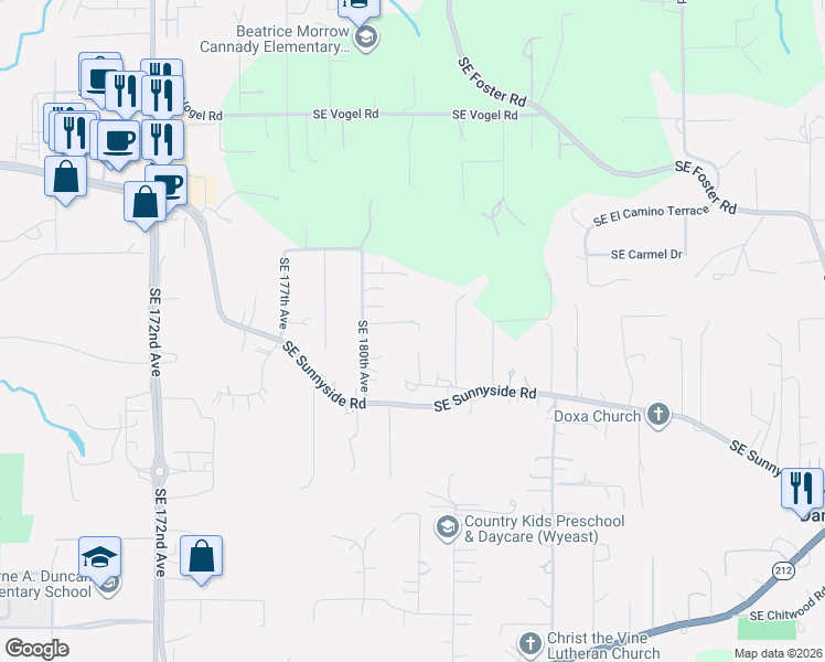 map of restaurants, bars, coffee shops, grocery stores, and more near 13802 Southeast 180th Avenue in Damascus