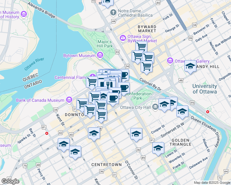 map of restaurants, bars, coffee shops, grocery stores, and more near 60 Queen Street in Ottawa