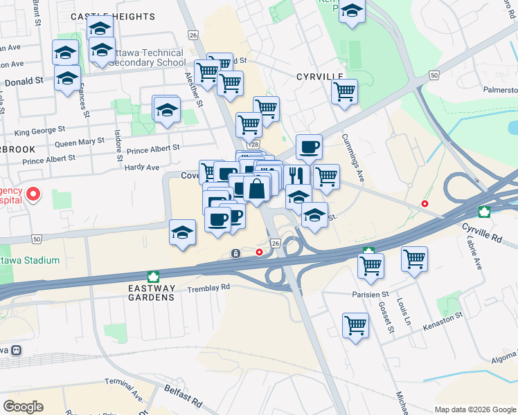 map of restaurants, bars, coffee shops, grocery stores, and more near 1200 Saint Laurent Boulevard in Ottawa