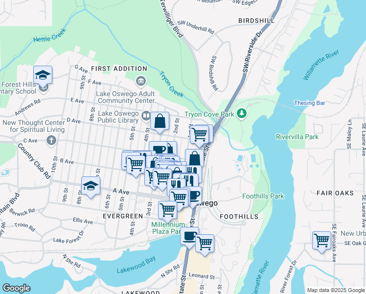 map of restaurants, bars, coffee shops, grocery stores, and more near 652 1st Street in Lake Oswego