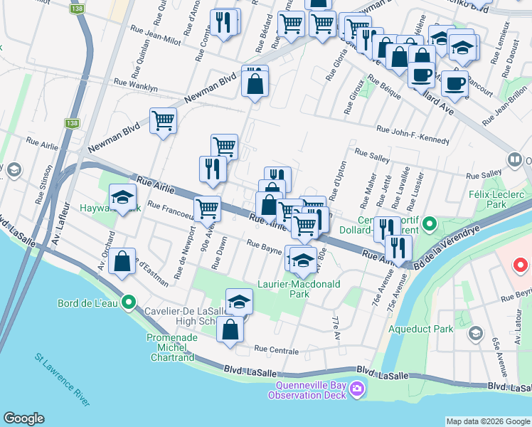 map of restaurants, bars, coffee shops, grocery stores, and more near 9229 Rue Airlie in Montrã©Al